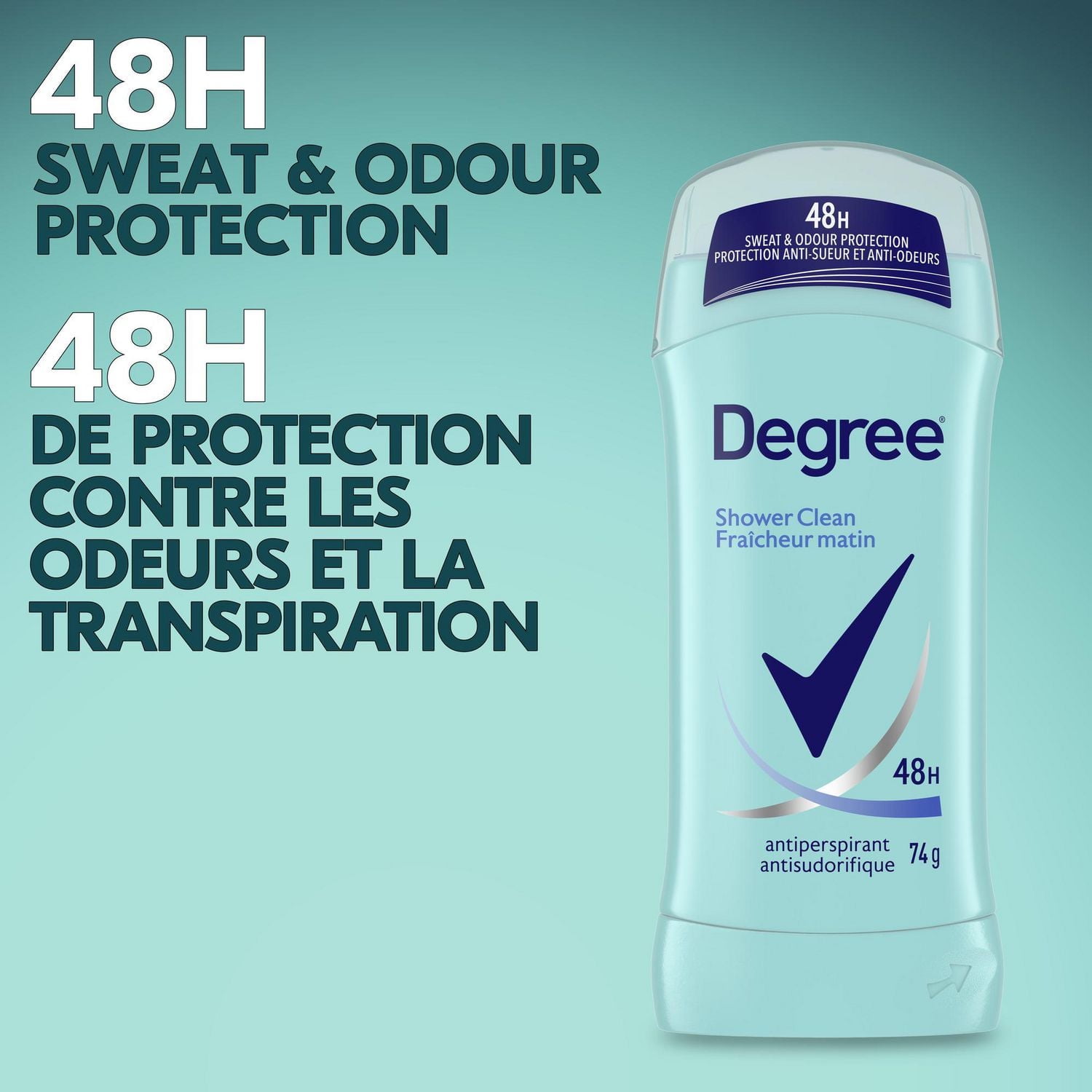 Degree Antiperspirant Stick, Shower Clean, 48-Hour Sweat & odour Protection Antiperspirant for Women, 74g