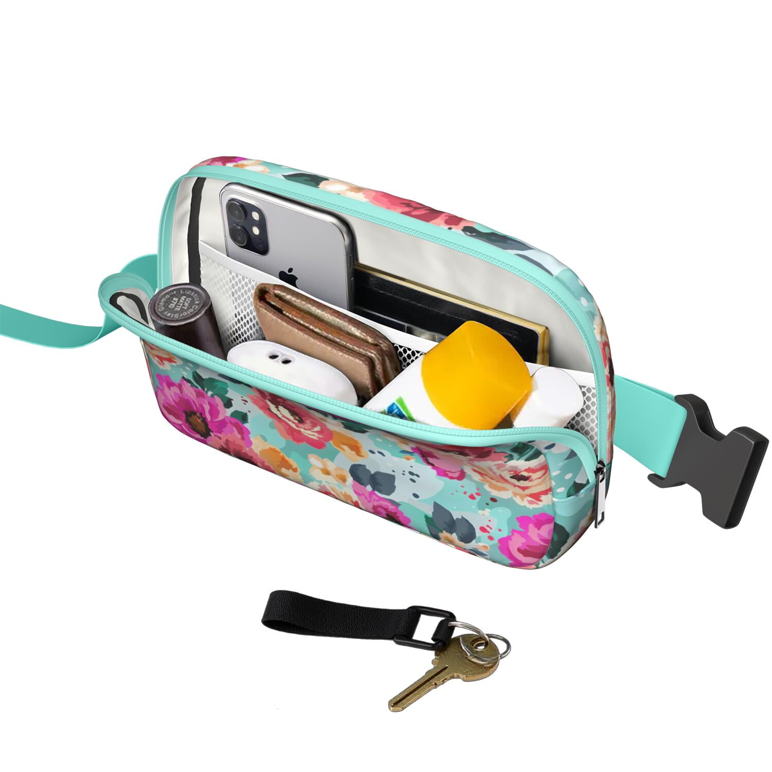 Bright Floral Fanny Pack – Summer Garden Waist Bag with Artistic Bloom, Peonies, Bees & Tropical Leaf Accents