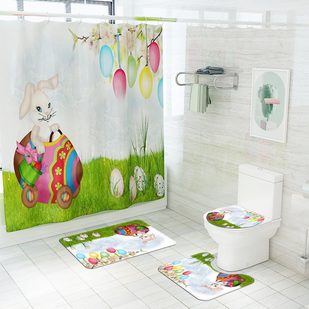 Easter White Bunny Bottom Green Backgroung Fabric Shower Curtain Set Bathroom 