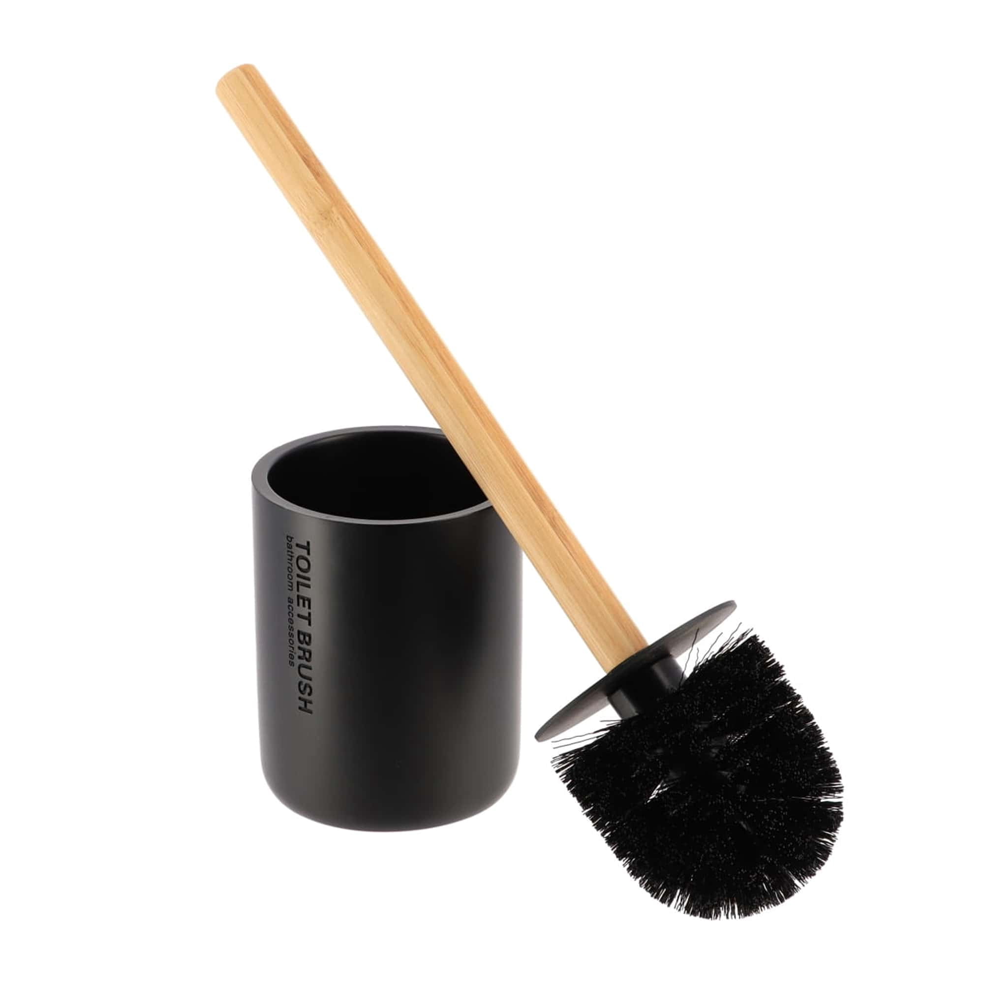 Sleek Matte Black Toilet Brush Holder with Bamboo Handle - Polyresin Bathroom Cleaning Tool Set