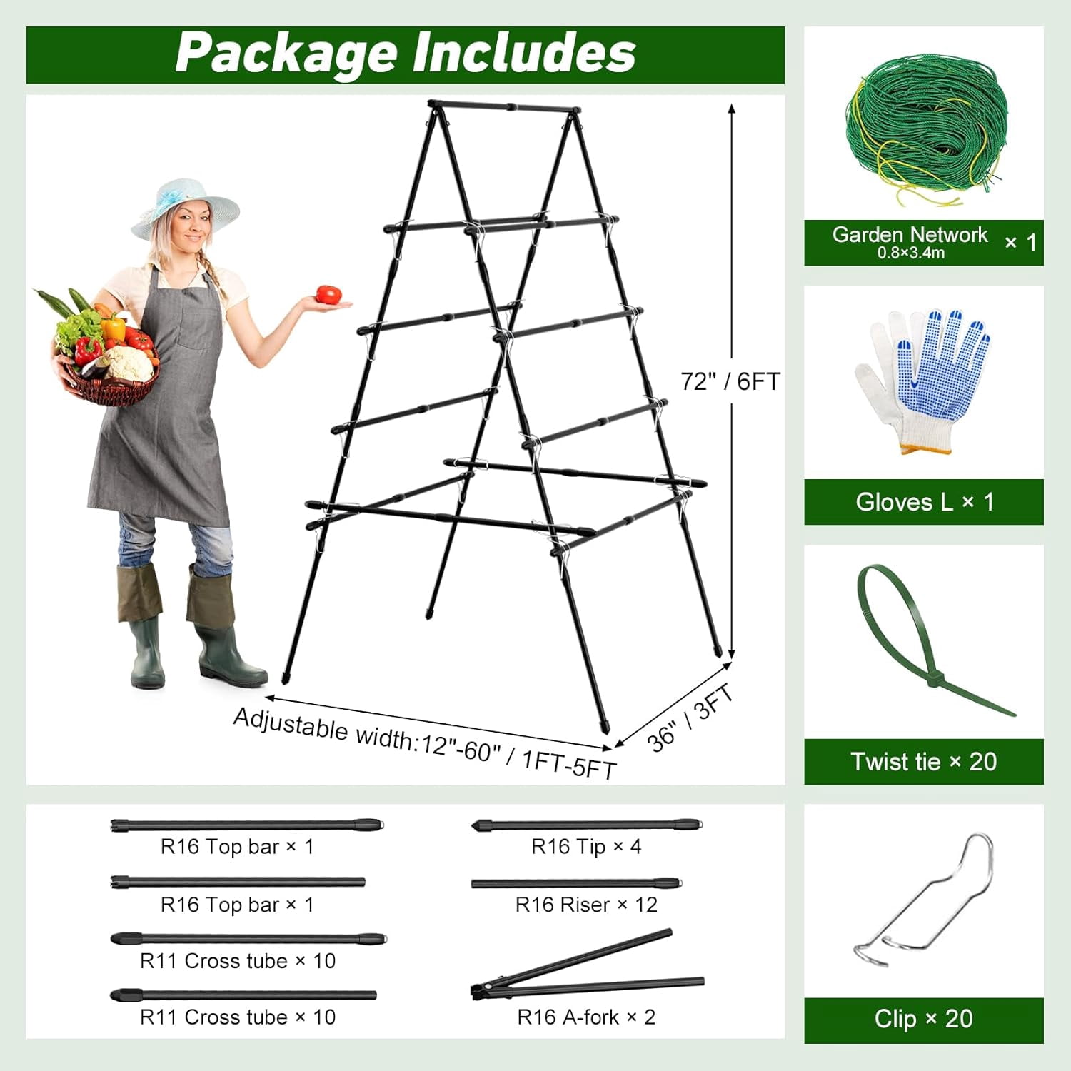 Sedeke 6ft Cucumber Trellis for Raised Bed, Garden Trellis for Climbing Plants Outdoor, A Frame Metal Trellis Support with Net for Vegetables Vines
