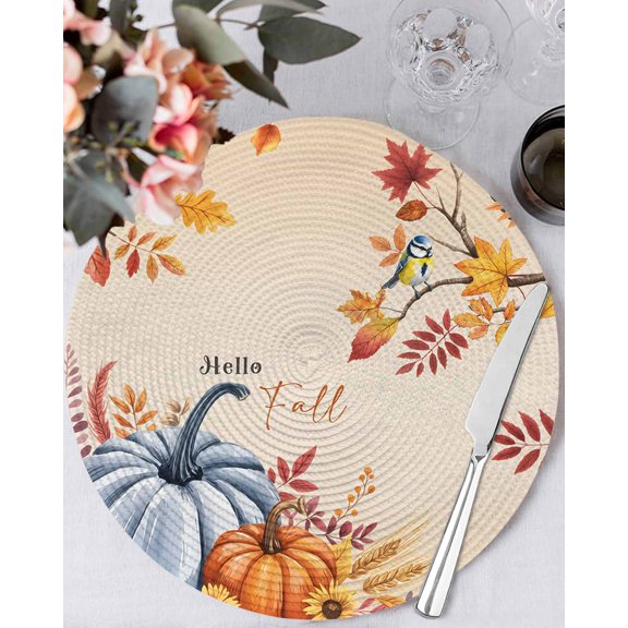 13 Inch Round Placemats Set of 6, Orange Blue Hello Fall Non Slip Heat Insulation PP Table Mats, Thanksgiving Pumpkin Maple Leaf Washable Place Mats for Kitchen Dining Party Table Decor