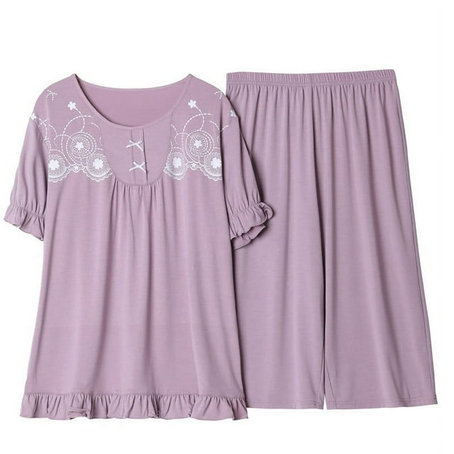 Ensembles de Pyjama pour Femmes 2 Pcs Ensemble d'Été pour Femmes Deux Pièces Manches Courtes Col Rond Ensemble de Pyjama Hauts Imprimés Ensemble Pantalon