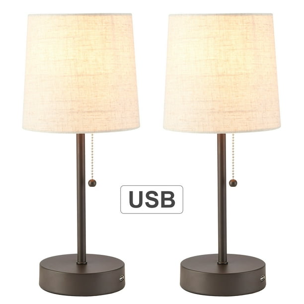 USB Table Lamps Set of 2 for Bedroom with Ivory White Lampshade, Modern