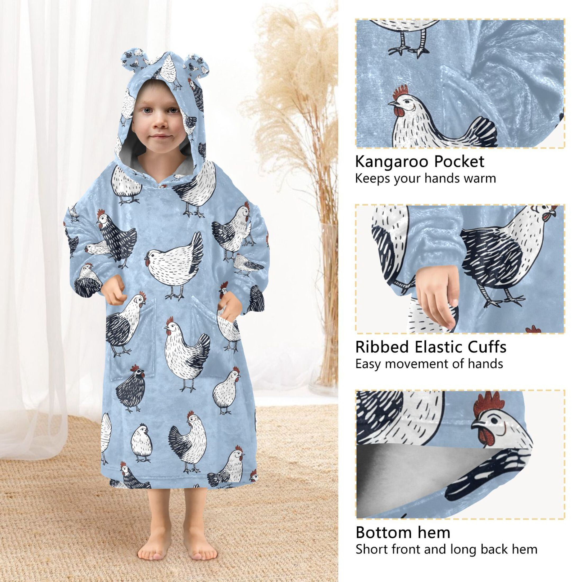 joogoo Blanket Hoodie for Retro Cartoon Chickens Oversize Sweatshirt 3-14 YR L