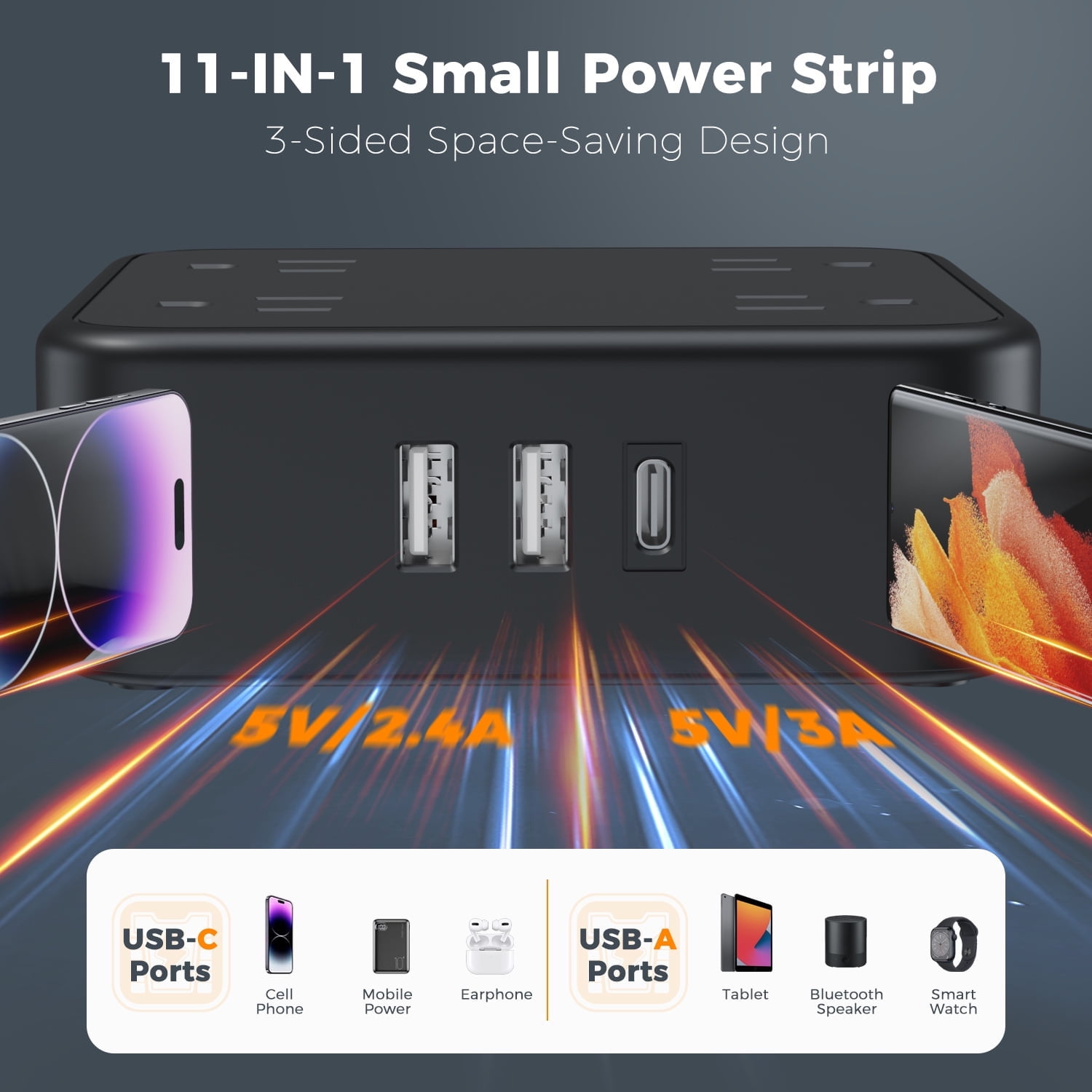 Power Strip with 8 Outlet 3 USB Ports(1 USB-C), Surge Protector with 10ft Flat Extension Cord, Black