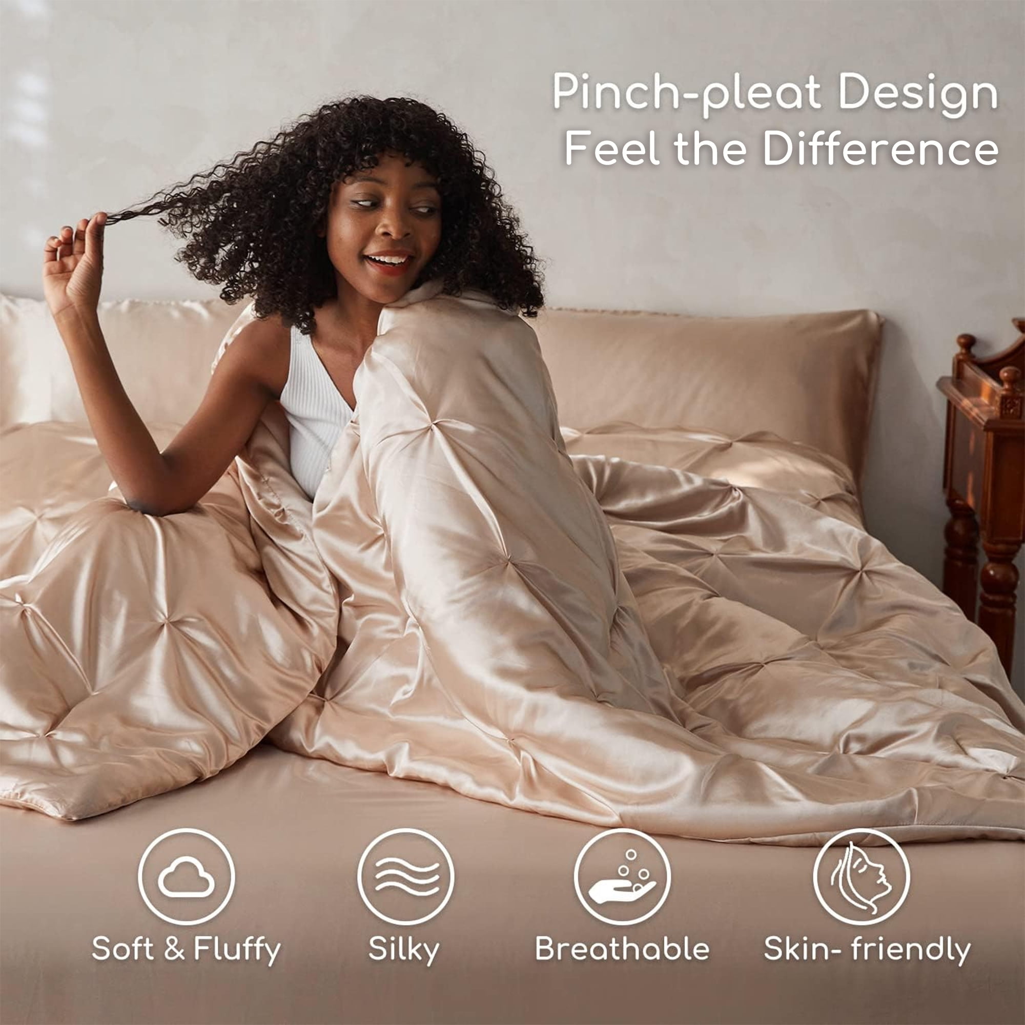 MR&HM Satin Comforter Set 7 Pieces Full Size - Luxurious Pinch Pleat Bed in a Bag with Satin Comforter, Satin Sheets, Satin Pillowcases & Shams, Silky Soft Bedding Set for All Seasons (Champagne)