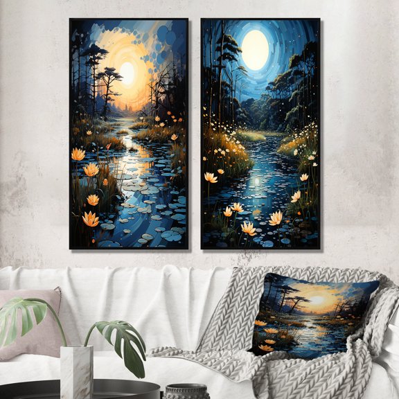 Designart "Blue Green Painting River At Night VII" Pointillism Framed Wall Art Set Of 2 - Yellow Abstract Frame Gallery Set For Office Decor