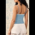 thumbnail image 4 of Camiseta Corta de Tirantes Finos con Cuello Cuadrado y Ribete de Encaje de Cuadros Y2K para Mujer. Camiseta de Tirantes Finos con Lazo en la Parte Delantera. Azul XL, 4 of 7