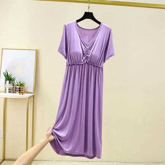 PNTUTB Women's Summer Solid Color V Neck Loose Comfort Casual Short Sleeve Nightdress with Built-in Pads