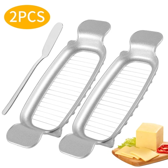 RYLZX 2Pcs Stainless Steel Cheese Butter Slicer,   Ergonomic Wires Butter Cutter Single Stick Even Slicer for Portion Control Kitchen Food Tool with Butter Spatula for Butter Block (Silver)