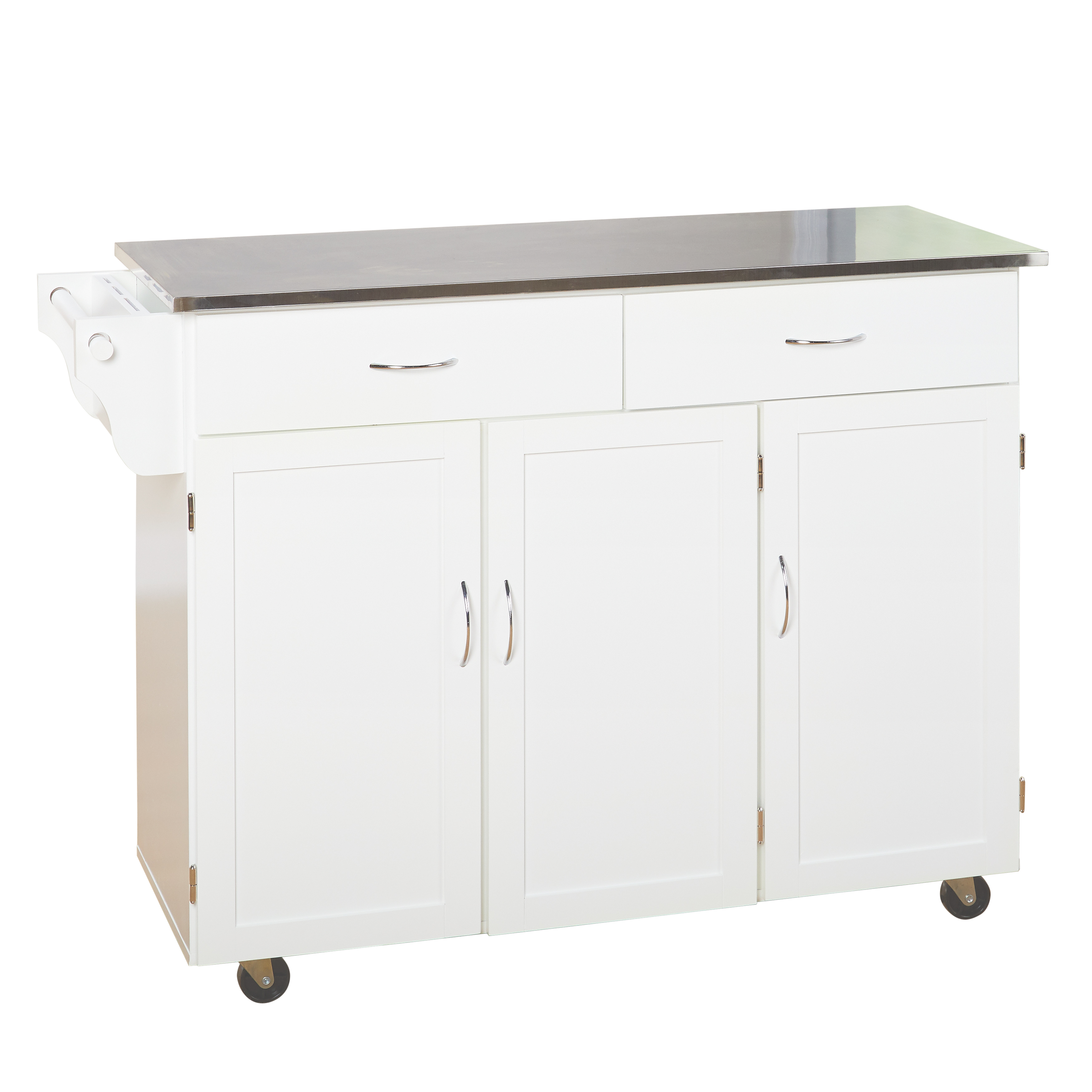 TMS Extra Large Rolling Kitchen Cart with Stainless Steel Top, Cabinets, Drawers, Adjustable Shelf, and Knife Block, White