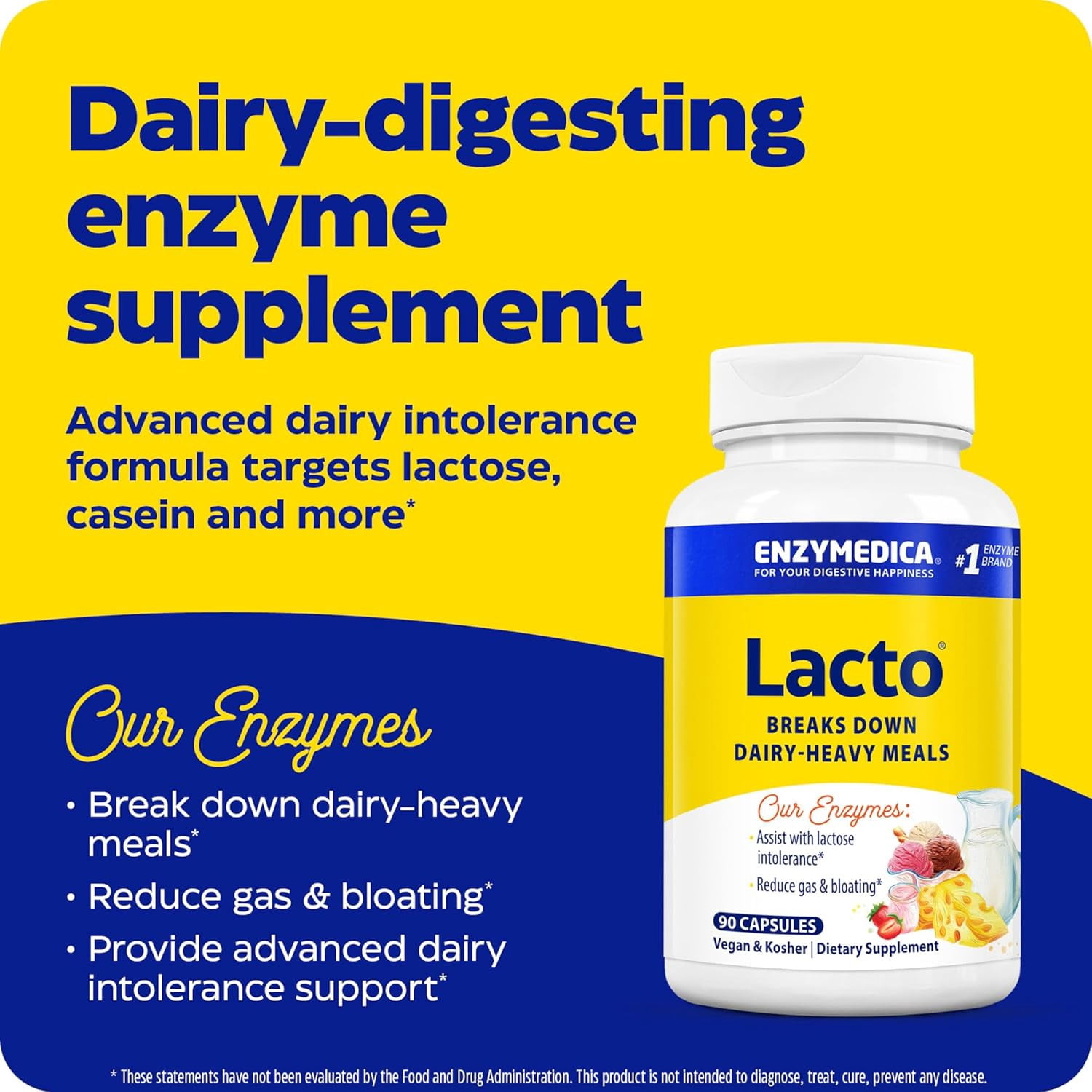 Enzymedica Lacto, Digestive Enzymes for Complete Dairy Digestion, Offers Fast-Acting Gas & Bloating Relief, 90