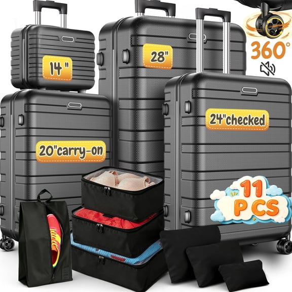 11 Pcs Luggage Sets, Travel Carry on Luggage Set, 14" 20" 24" 28" Abs Lightweight Hardshell Suitcase Luggage Sets with Wheels, 360° Double Wheels with Lock, Black