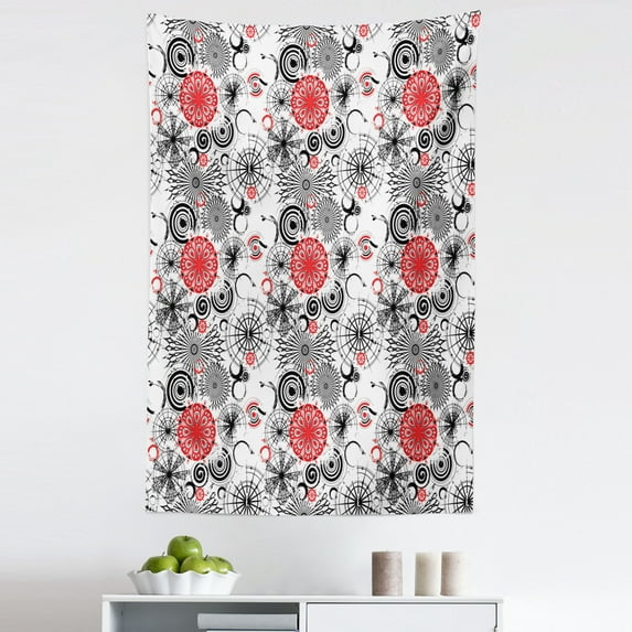 Grunge Tapestry, Grunge Looking Round Floral Rounds Contrast Colors and Design, Fabric Wall Hanging Decor for Bedroom Living Room Dorm, 5 Sizes, Vermilion Black White, by Ambesonne