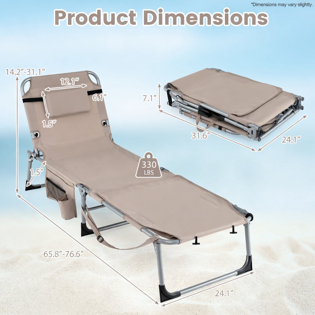 Hommoo 5-Position Adjustable Outdoor Folding Chaise Lounge Chair with Removable Pillow, Blue