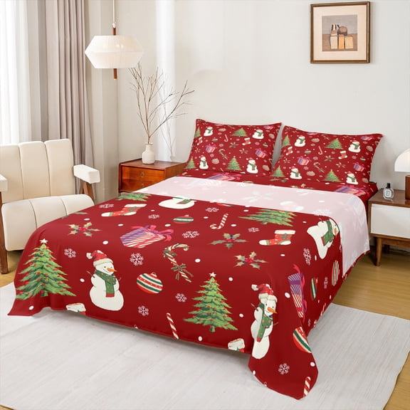 Homewish Cartoon Snowman Snowflakes Twin Sheet Sets 3pcs for Preppy Child Kids,Happy Xmas Gifts Twin Fitted Sheet Microfiber,Merry Christmas Breathable Flat Sheet,Super Cozy Room Decor