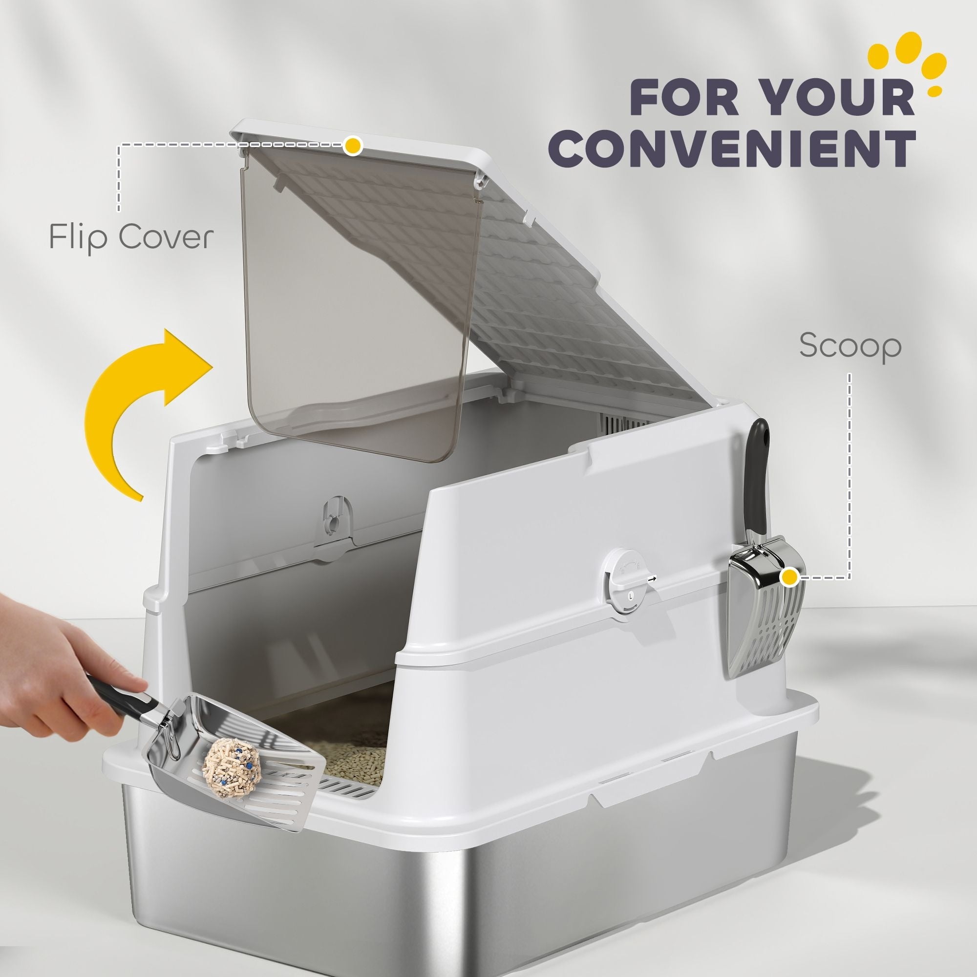 Dranite XL Stainless Steel Litter Box, Flip Cover, High Sides, Scoop