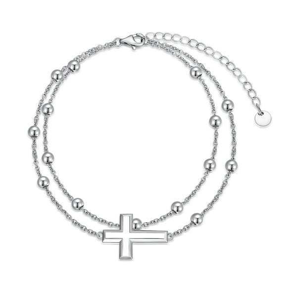SOULMEET 925 Sterling Silver Cross Adjustable Anklet, Silver Lab Grown Anklet