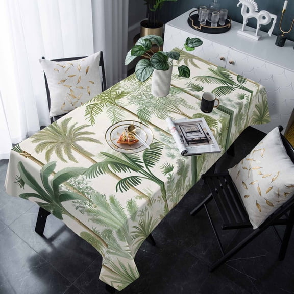 Green Palm Trees Tablecloth Rectangle Table Cloths 54x108 , Waterproof Tablecloth Outdoor Table Cloth, Farmhouse Summer Leaves Plants Birds Washable Table Cover for Kitchen Dining Party