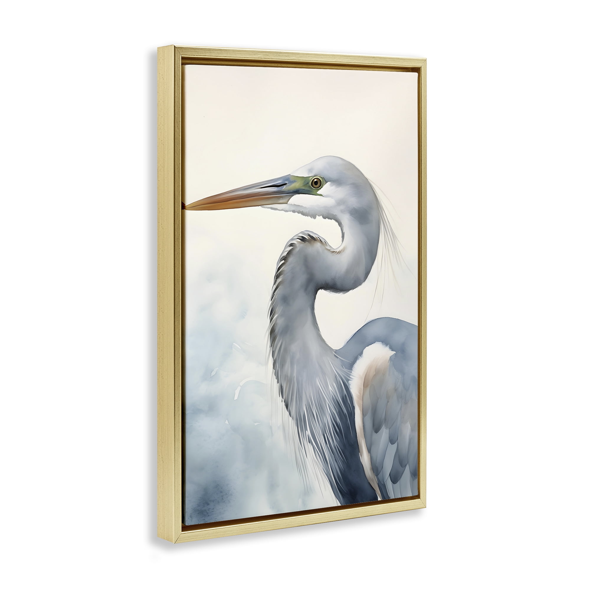 Stupell Industries Quiet Heron Looking Left Animals & Insects Painting Gold Floater Framed Canvas Art Print Wall Art, 21 x 31