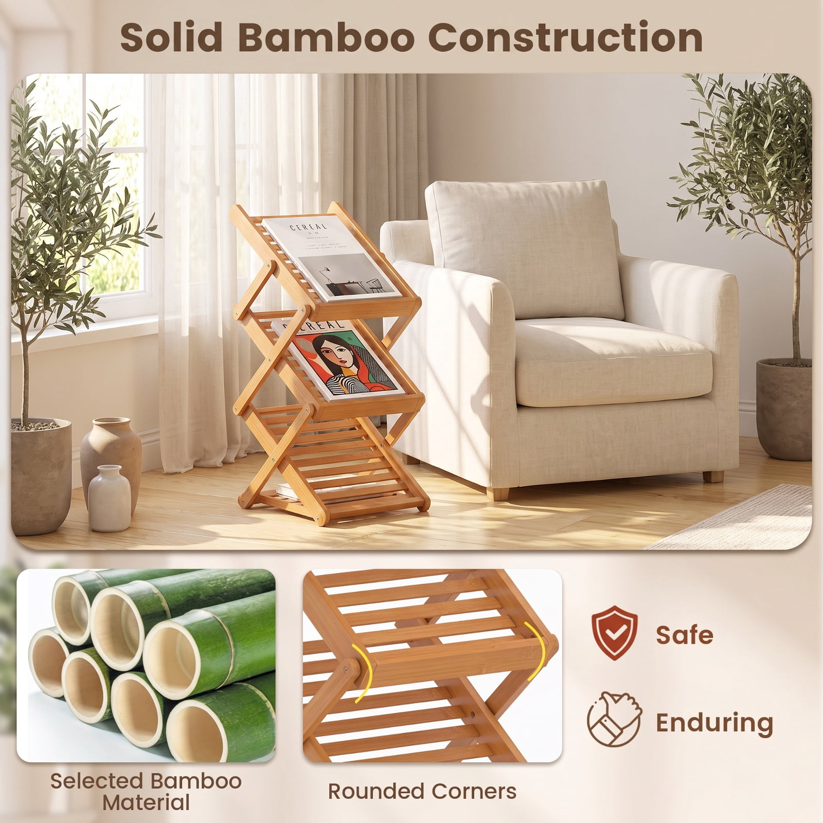 Furnibear Foldable Bamboo Magazine Rack with 2 Adjustable Positions for Living Room Home Office Bedroom Display Storage Shelf, Walnut