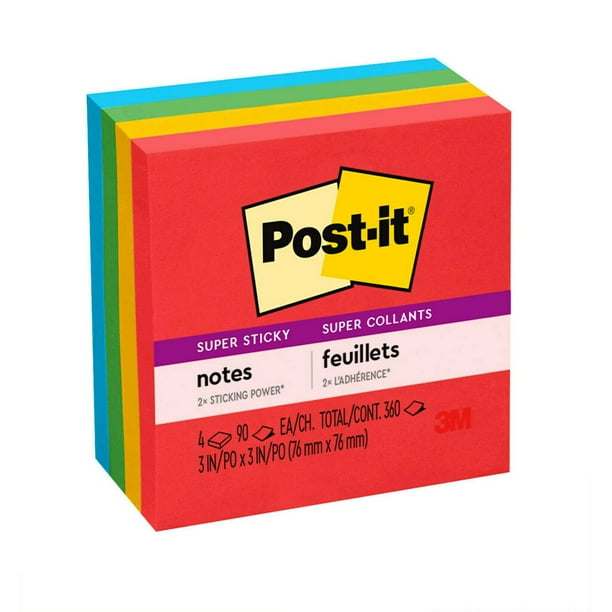 Postit Super Sticky Notes, 3 in. x 3 in., Playful Primaries, 4 Pads