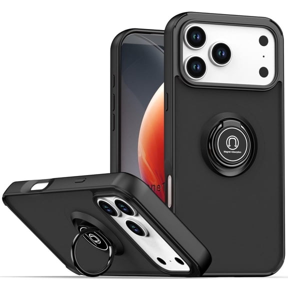 TJS for iPhone 17 Pro Max Phone Case, Rotating Metal Ring Magnetic Support Kickstand Cover (Black)