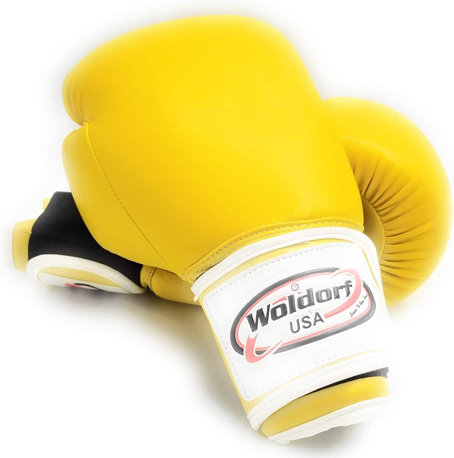 Woldorf USA Men and Women Leather Boxing Bag Gloves - Perfect for Punching Heavy Bag, Sparring, Cardio Kickboxing Gloves, and Best for Muay Thai Training - Vinyl 16oz Yellow