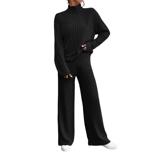 Women's Two Piece Knit Tracksuit - High Neck Tee & Wide Pants, Polyester Spandex, Elastic Waist, Loungewear Set
