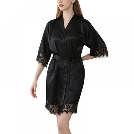 

Ladies Summer Thin Faux Silk Bathrobe Medium Knee-length Pure Color Lace Three-quarter Sleeve Makeup Dressing Gown
