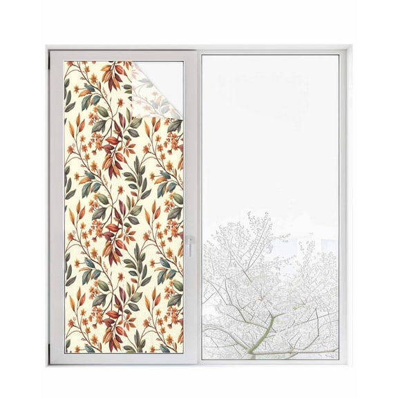 Window Privacy Film Fall Leaves Stained Glass Window Film Decorative Sun Block Window Cover Farmhouse Beige Botanical Branch Window Clings Static Adhesive Sticker for Bathroom 23.6"x59"
