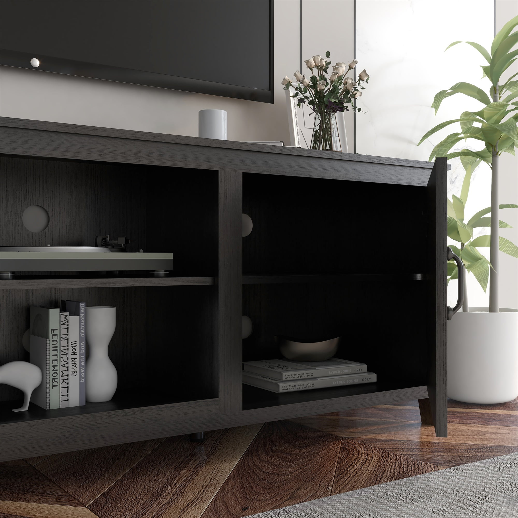 Kadyn TV Stand, Storage Media Console Entertainment Center with Doors, TV Cabinet for TVs up to 77", Black