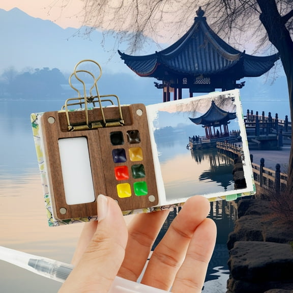 Portable Watercolor Palette Mini Travel Paint Palette Set with Watercolor Sketchbook Practical Wood Travel Watercolor Palette Compact Watercolor Paint Kit for Painters Students