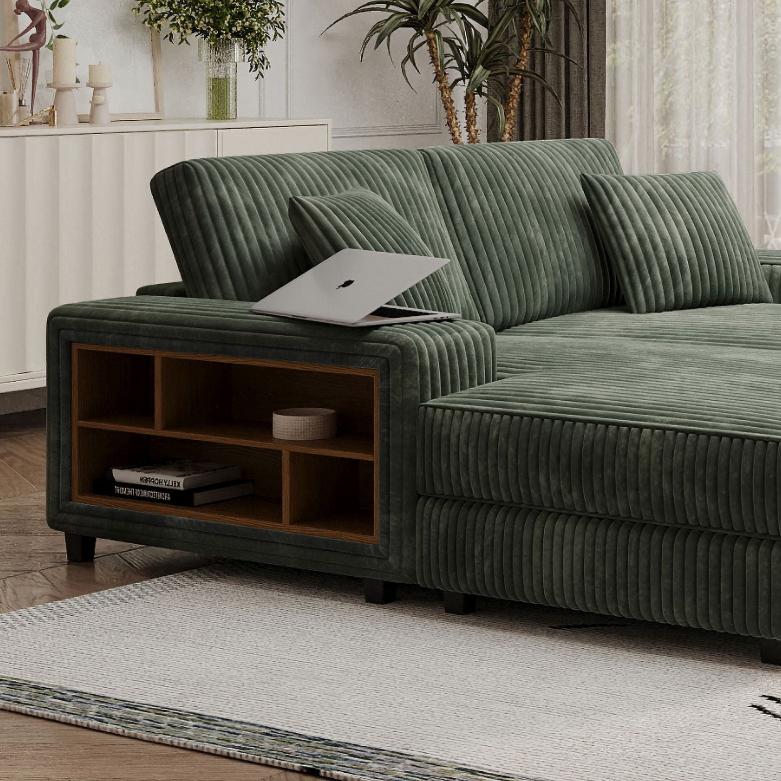 Aukfa 79.5" Oversized Double Chaise Lounges Sofa, Plush Corduroy Sectional with Storage Armrests, Memory Foam Loveseat Sleeper Sofa Couch for Living Room/Bedroom, Green