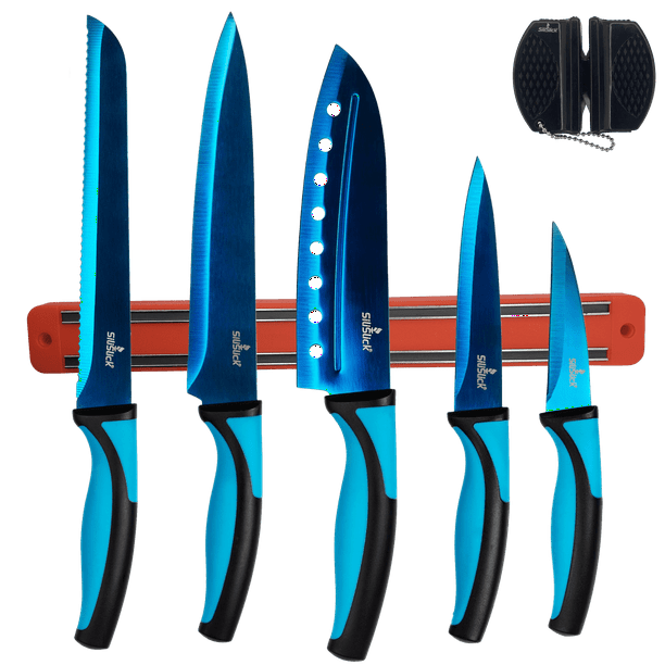 SiliSlick Juego de Cuchillos de Cocina, Hojas de Colores de Acero Inoxidable con Revest. de Titanio, Cuchillos de Chef, Pan, Santoku, Multiusos y para Pelar, Soporte Magnético y Afilador Portátil