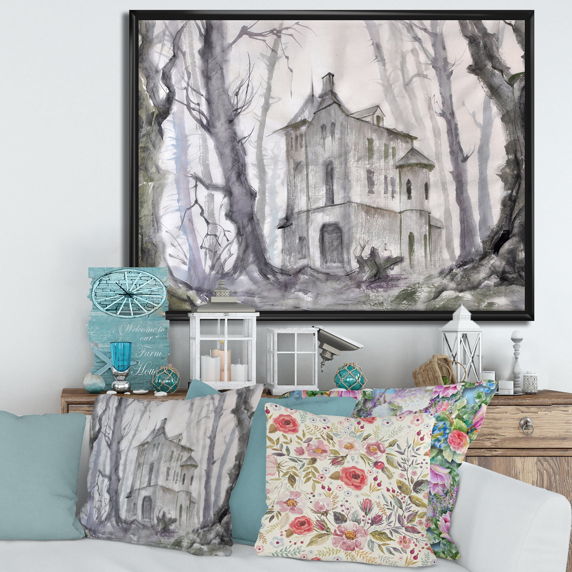 Designart 'Old Haunted Castle In The Woods' Traditional Framed Canvas Wall Art Print
