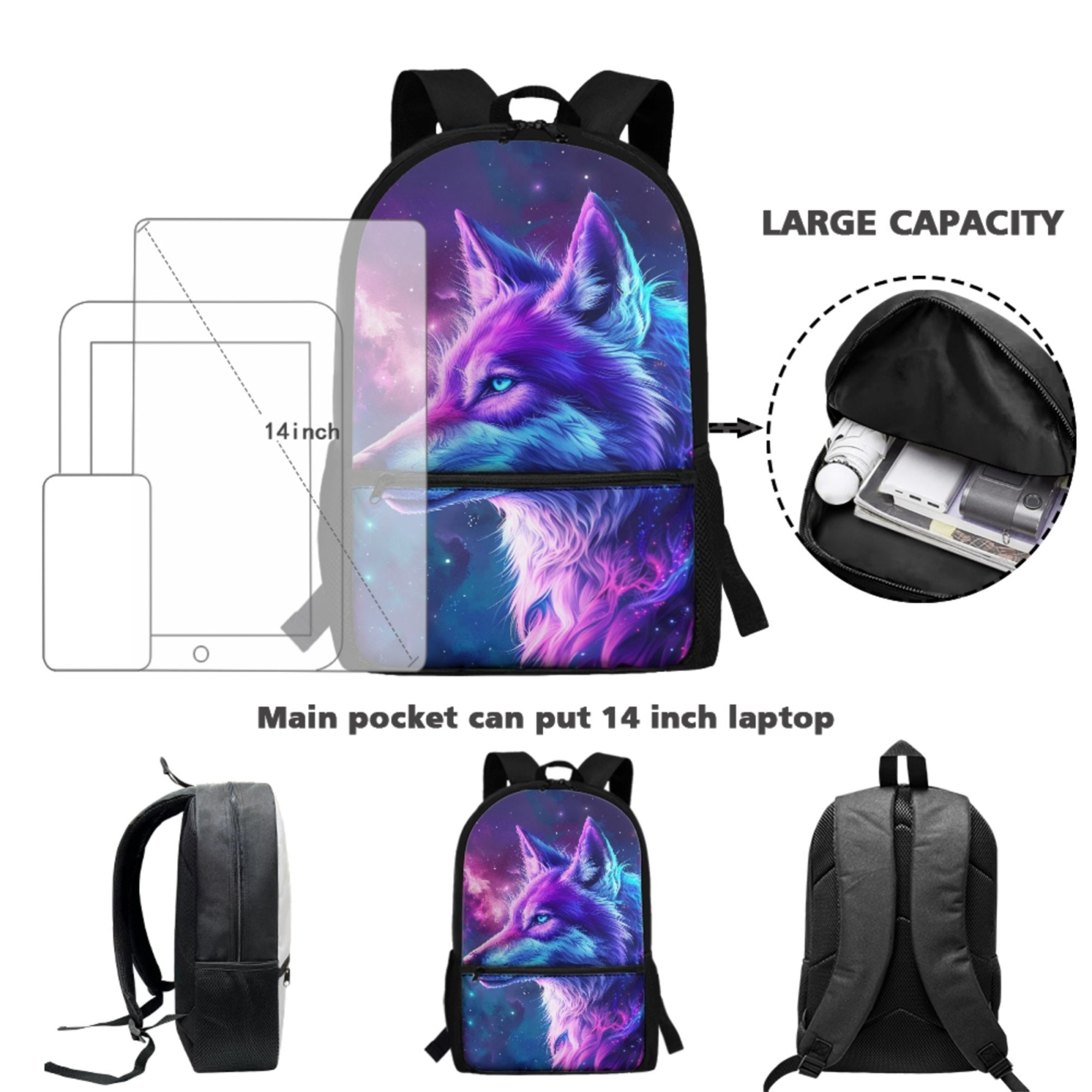 Galaxy Wolf Backpack Set For Boys - School Backpack With Lunch Bag & Pen Case, 3-Piece Space Animal Design