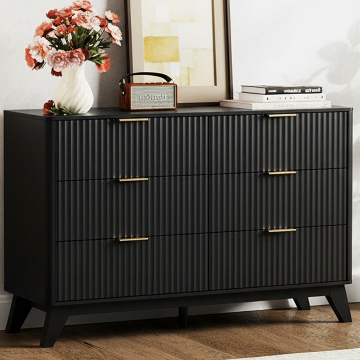 Ktaxon Modern 6 Drawer Dresser Fluted Wood Chest of Drawers with Soft Close Slides Storage Cabinet for Bedroom Living Room or Entryway Black