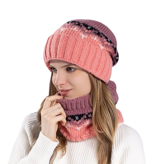 AWZXDE Winter Solid Color Knit Hat Scarf Two-Piece Set Women Cold Weather Warm Knit Hat Ear Cover Hood Wool Hat for Winter Fashion Pink