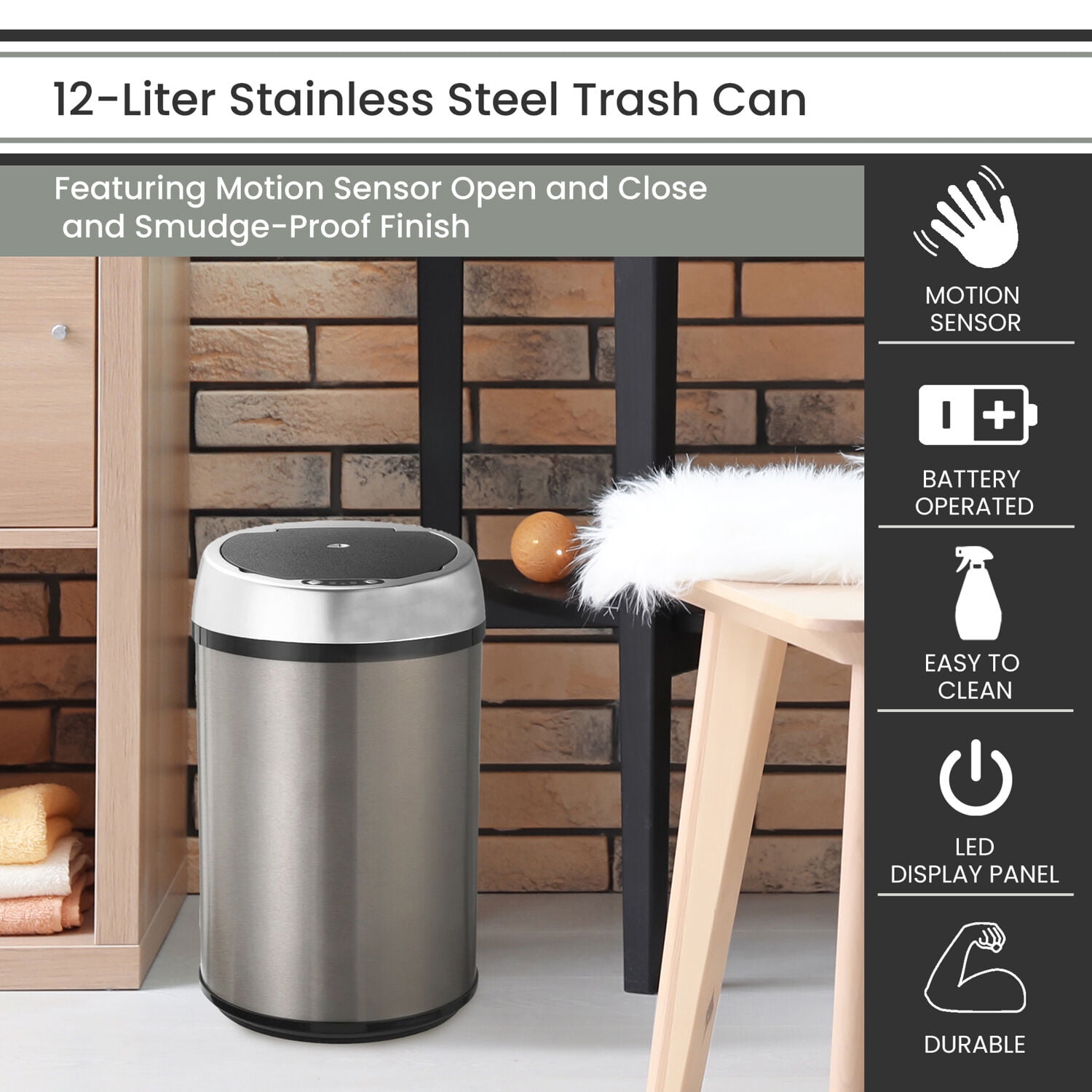 Hanover 12 Liter - 3.1 Gallon Trash Can for Home and Kitchen | Fingerprint Smudge Resistant | Soft Close | Sensor Lid | Stainless Steel
