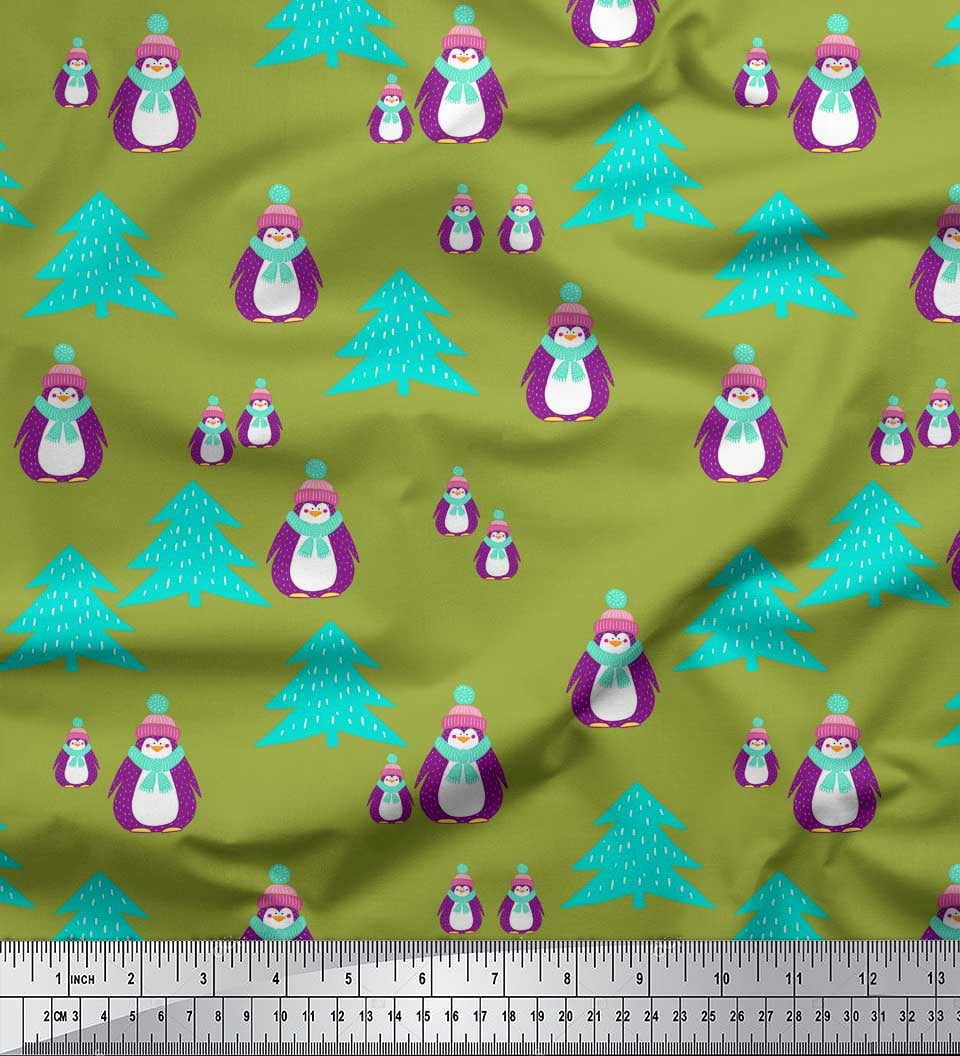Soimoi Green Georgette Viscose Fabric Snowman & Tree Christmas Print Sewing Fabric Yard 42 Inch Wide