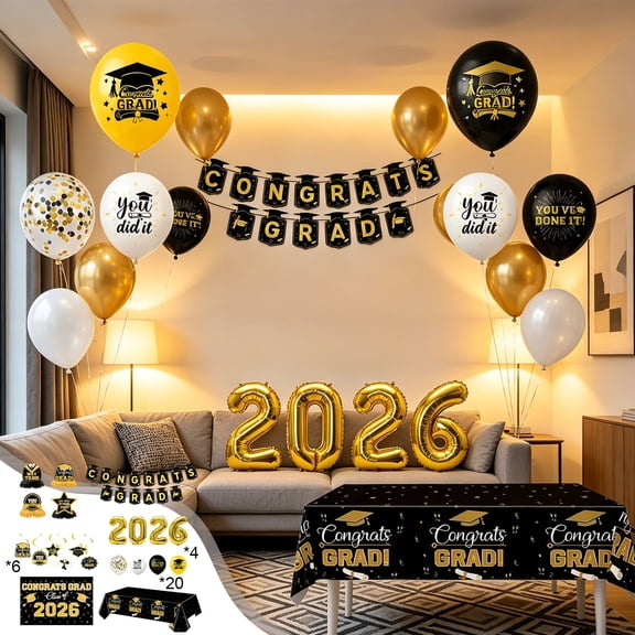 2026 Graduation Party Decorations Kit with Black Gold Congrats Grad Banners Balloons Honeycomb Centerpieces Tablecloth for High School College Ceremony Photo Zone Celebrations Supplies Decor Set