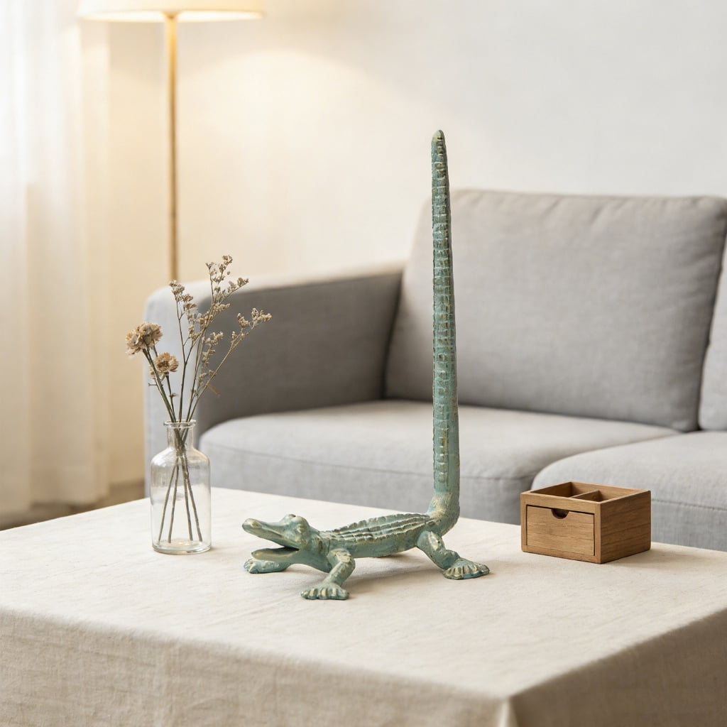 QueMer Compact Heavy 2 Pound Wrought Iron Paper Towel Holder Gharial Art Stable for Bathroom Kitchen Space Saving