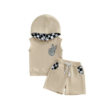 

Bagilaanoe 2pcs Toddler Baby Boys Short Pants Set Sleeveless Hooded Vest Tops + Checkerboard Shorts 6M 12M 18M 24M 3T Kids Casual Summer Outfits