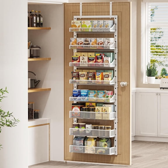 8-Tier Over-the-Door Pantry Rack, White Metal Organizer with Adjustable Baskets, 2-in-1 Hanging or Wall-Mount Shelf for Kitchen, Bathroom & Pantry Storage