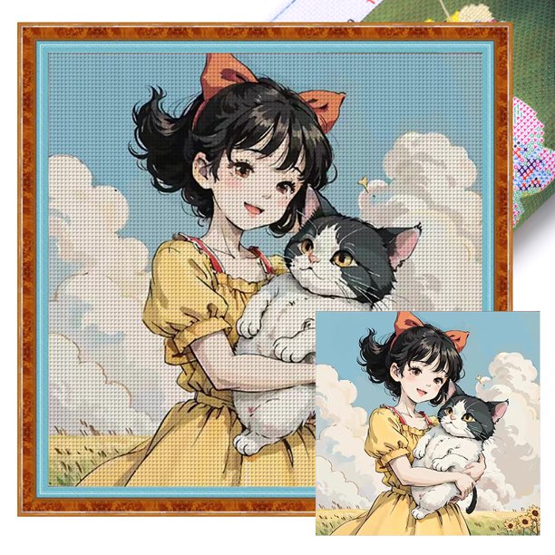 Hilo Algodón Ecológico Bordado Punto Cruz Niña Y Gato 11CT 50x50cm