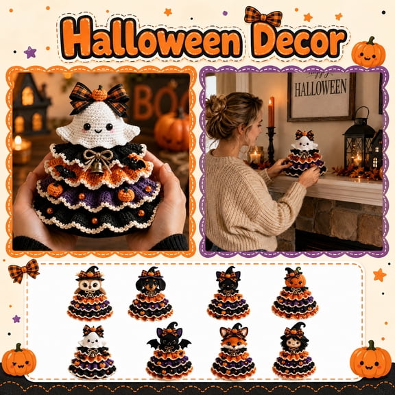 Halloween Crochet Tabletop Decor DIY Kit, Crochet Animal Halloween Tree DIY Craft Kit, Handmade Creative Holiday Craft Set for Adults, Gift for Craft Lovers