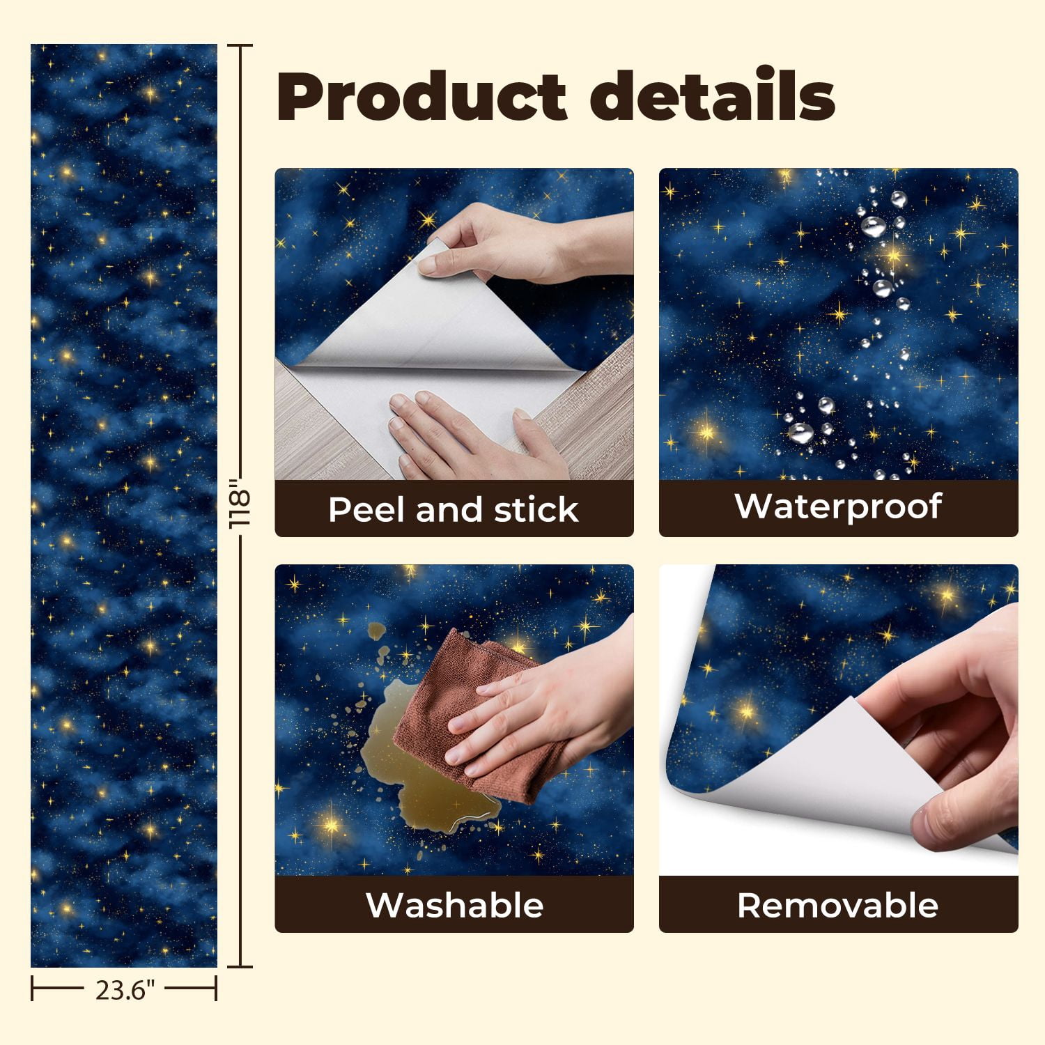 Peel and Stick Wallpaper Starry Night Sky Glowing Golden Stars Blue Nebula Clouds Wall Mural 23.6in x 9.8ft Self Adhesive Removable Wall Paper Renter Friendly Wallpaper for Nursery Bedroom