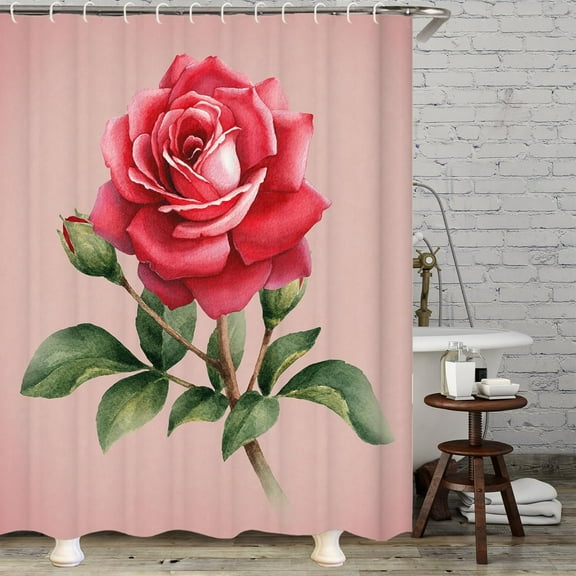 Red Rose Shower Curtain, Pink Floral Shower Curtain Set, Valentine Flower Shower Curtains for Bathroom, Waterproof Fabric with 12 Hooks, 72 x 72 Inches